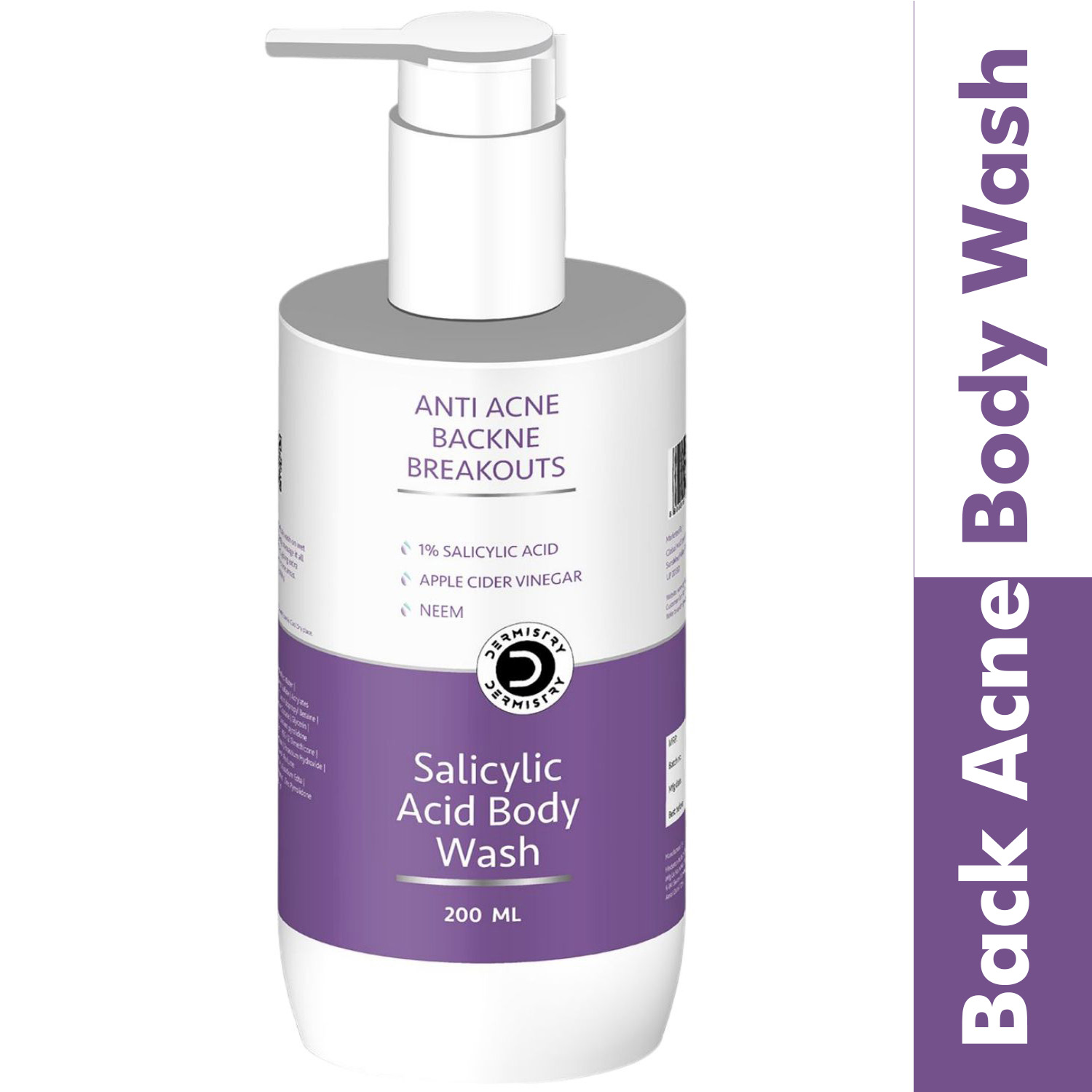 Dermistry 1% Salicylic Acid Apple Cider Vinegar Anti Acne Body Wash Backne Breakout Remove Excess Oil-200ml